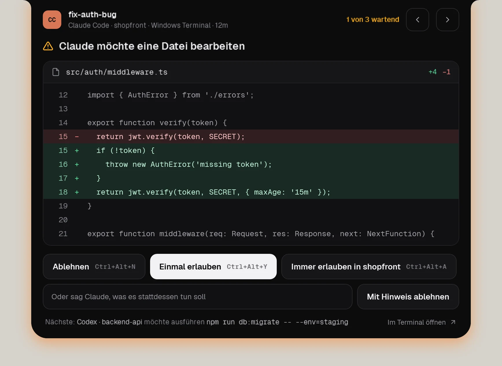 Eine Freigabekarte mit dem Diff von src/auth/middleware.ts und den Buttons Ablehnen, Einmal erlauben und Immer erlauben in shopfront.