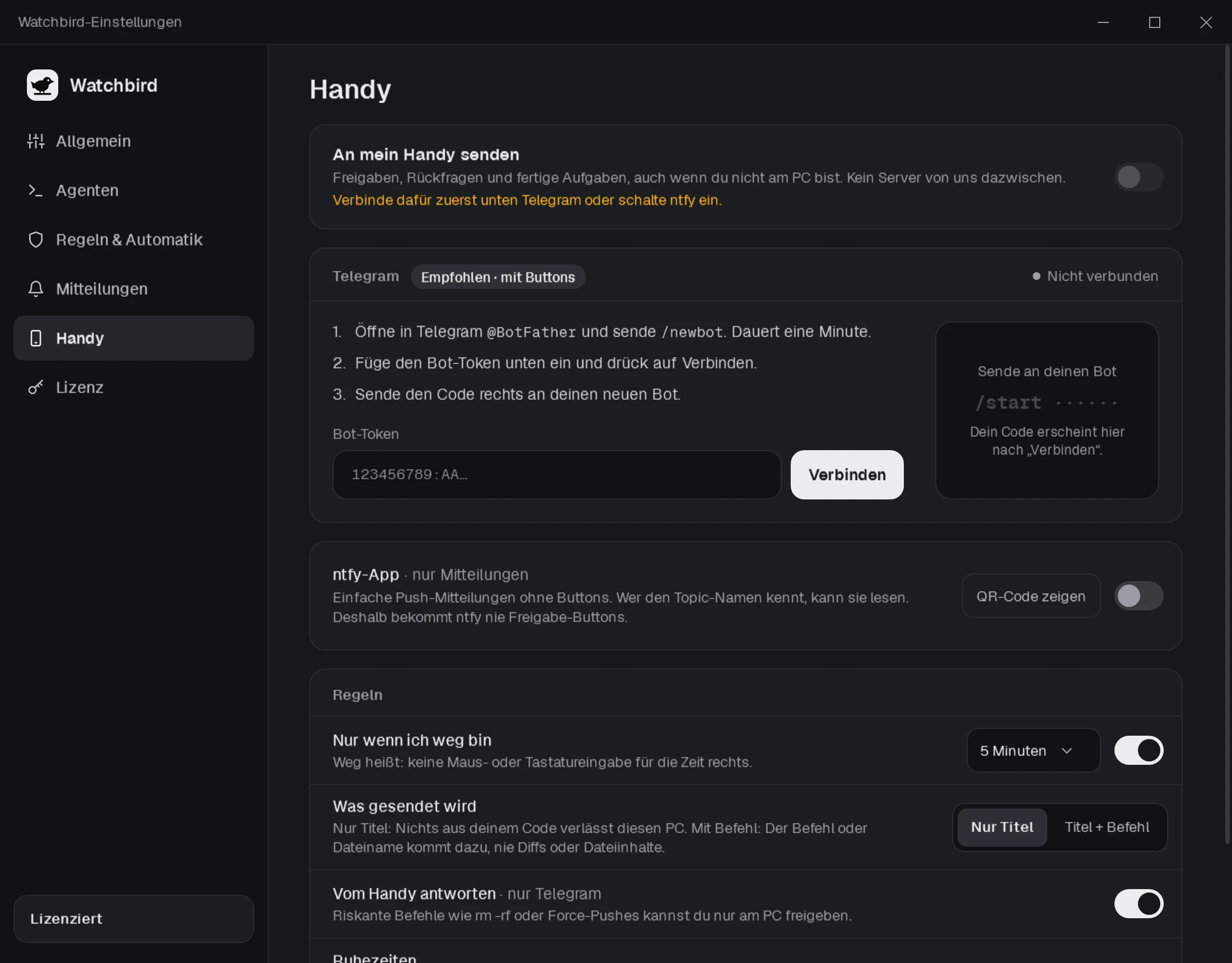 Einstellungen → Handy: Telegram mit deinem Bot verbunden, ntfy mit Topic und QR-Code, und was gesendet wird.