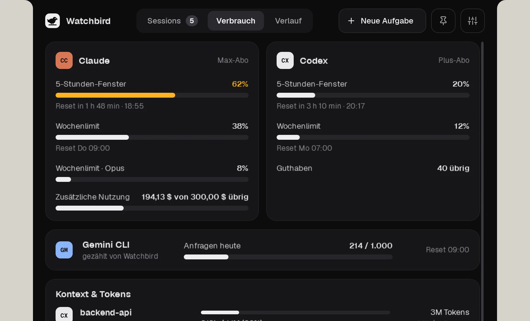 Der Reiter Verbrauch: Planlimits von Claude und Codex, Gemini-CLI-Anfragen und Kontext pro Session.