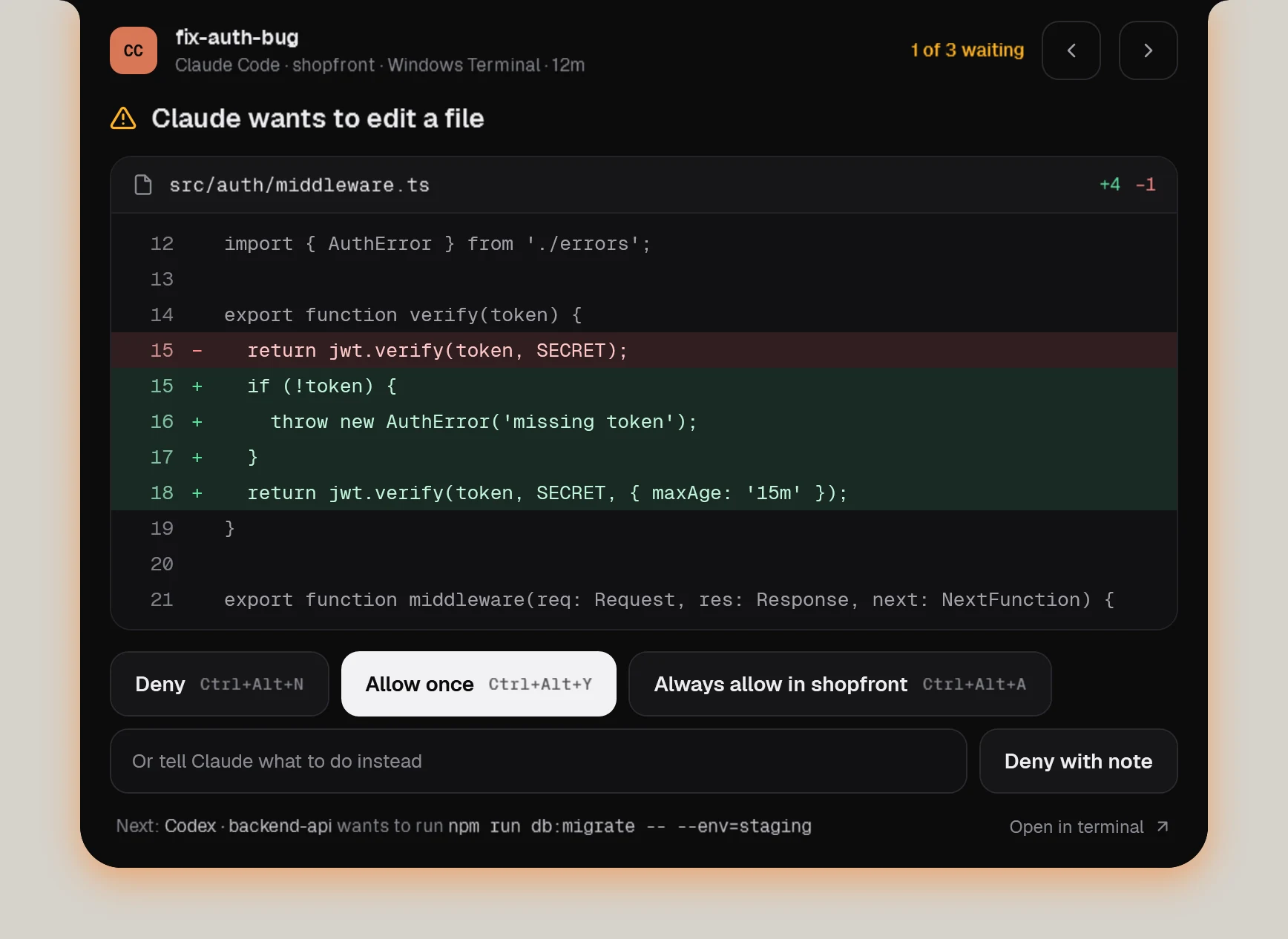 An approval card with the diff of src/auth/middleware.ts and the buttons Deny, Allow once and Always allow in shopfront.