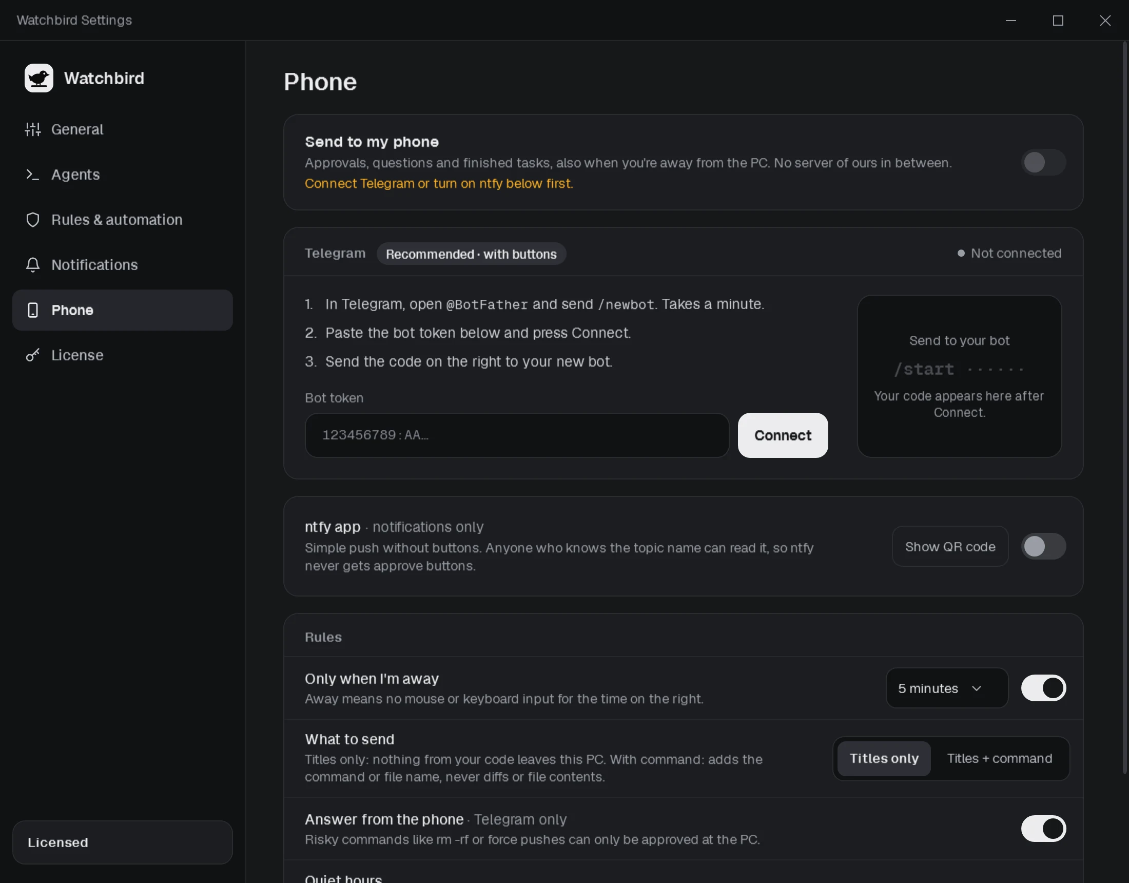 Settings → Phone: Telegram connected to your bot, ntfy with topic and QR code, and what is sent.