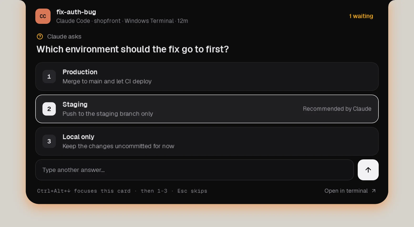 Claude asks which environment the fix should go to first, with three options.