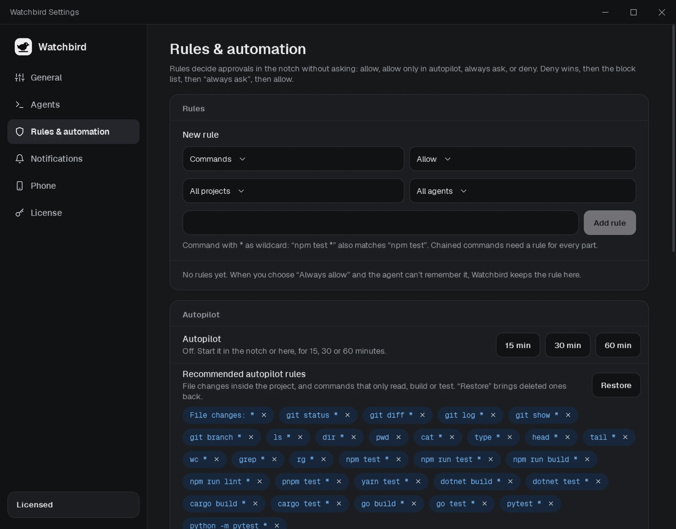 Settings → Rules & automation: a new rule for commands, the autopilot for 15, 30 or 60 minutes and the recommended autopilot rules.