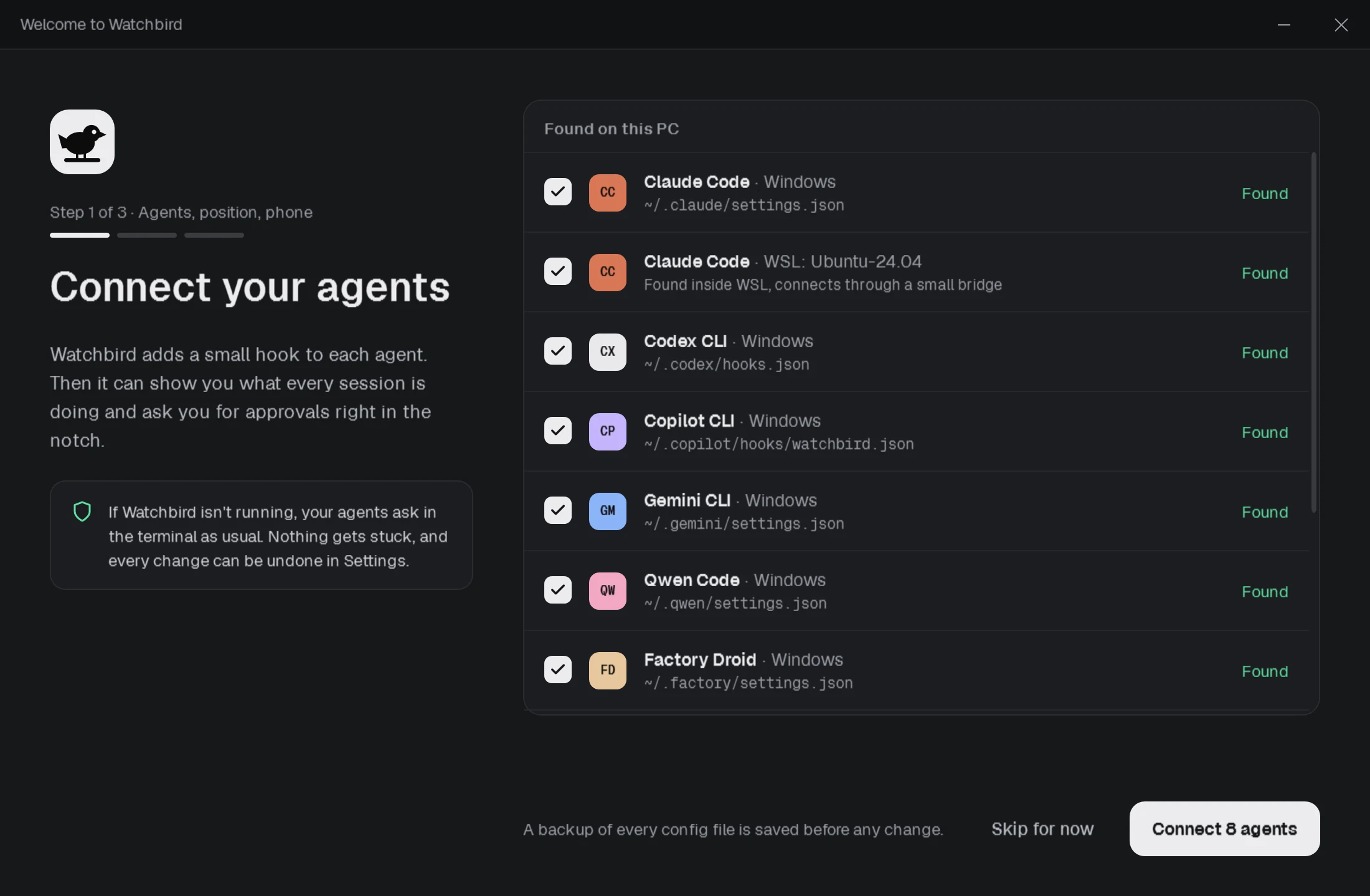 The setup window listing the agents found on this PC, each with its config file.