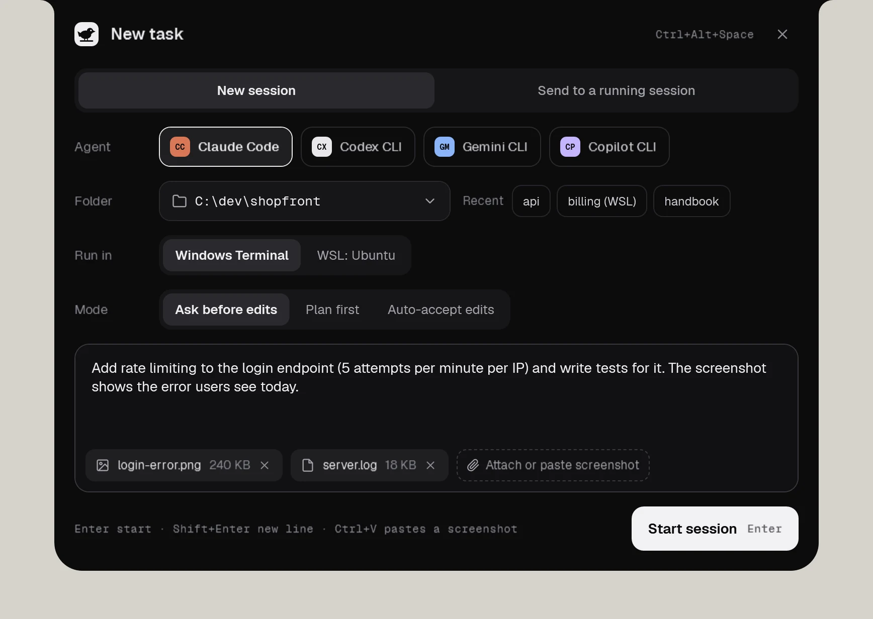The New task window with agent, folder, run-in and mode, a prompt and two attached files.