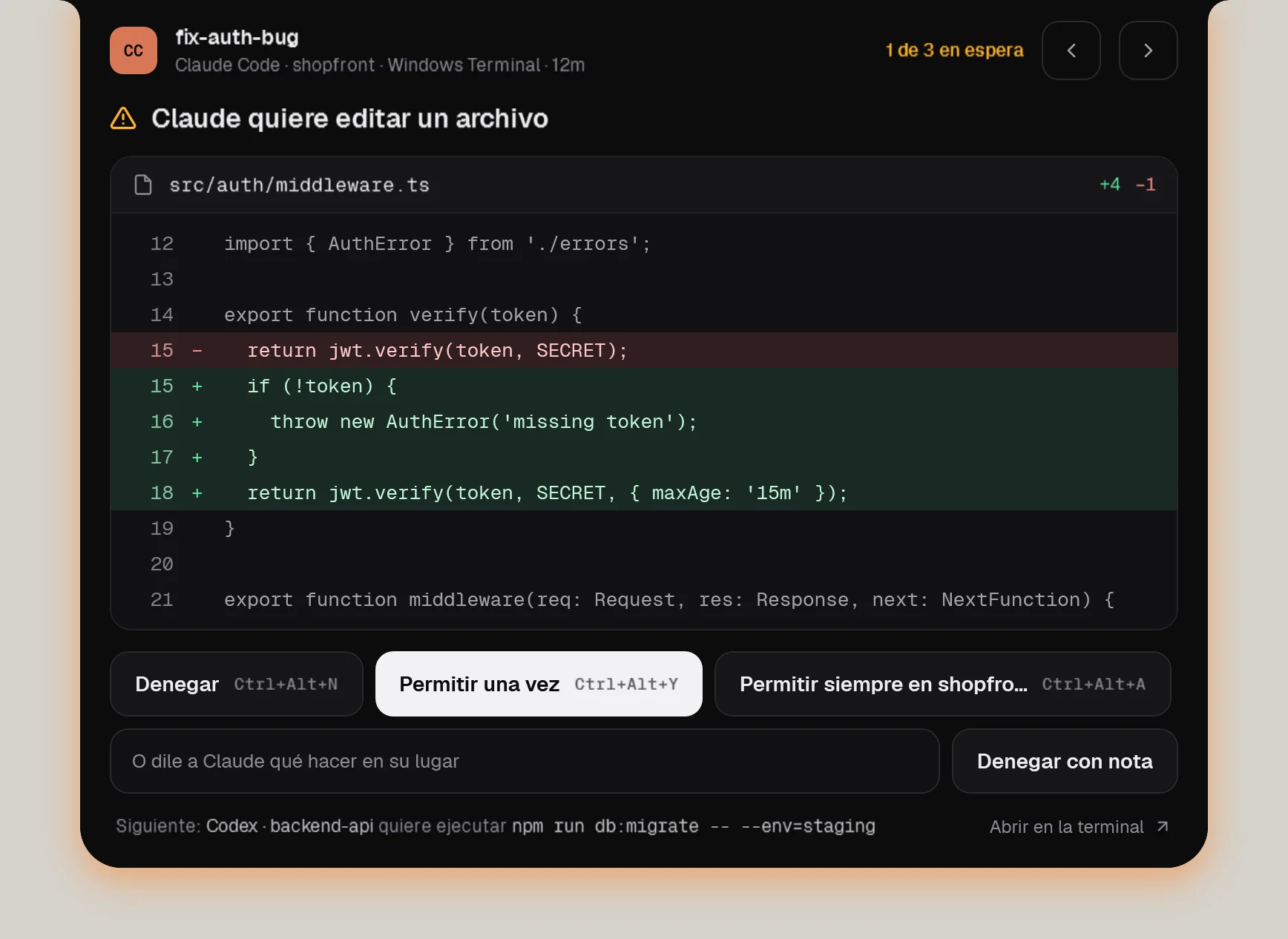 Una tarjeta de aprobación con el diff de src/auth/middleware.ts y los botones Denegar, Permitir una vez y Permitir siempre en shopfront.