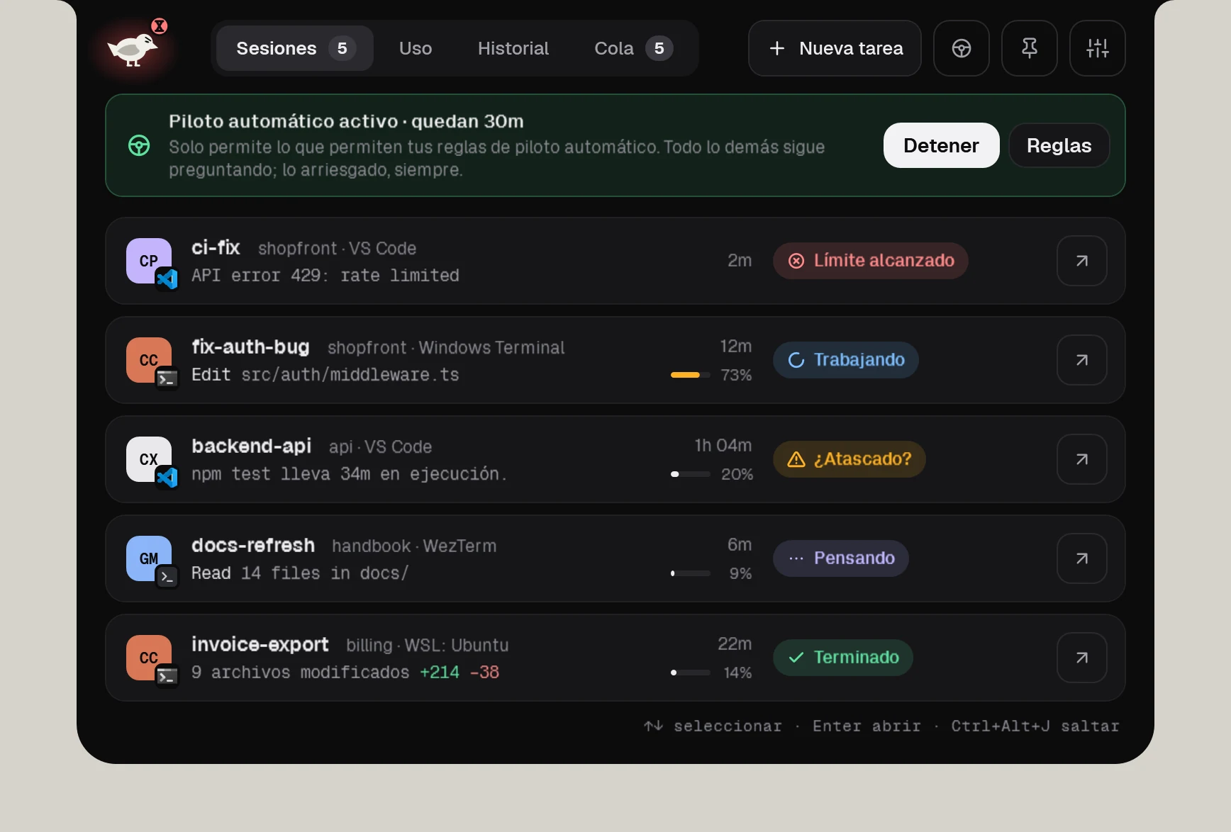 La lista de sesiones con el piloto automático activo (quedan 30 minutos), una sesión atascada y el icono de la terminal o el editor de cada sesión.