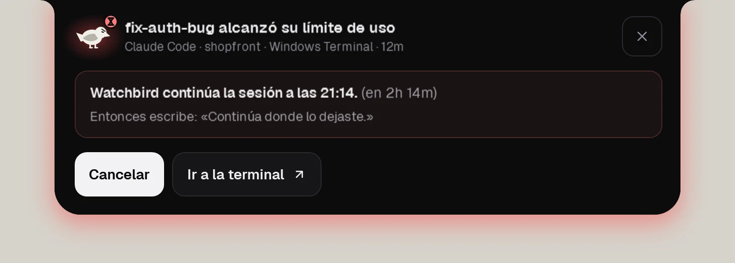 La tarjeta de límite: Watchbird continúa fix-auth-bug a la hora del restablecimiento, con cuenta atrás y un botón Cancelar.
