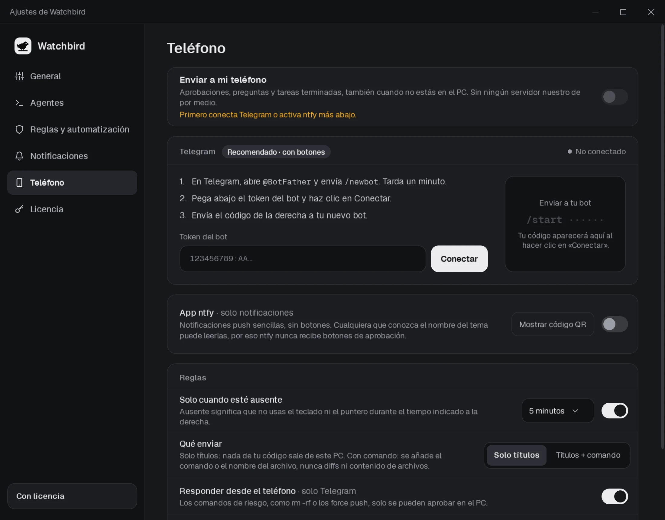 Ajustes → Teléfono: Telegram conectado a tu bot, ntfy con tema y código QR, y qué se envía.