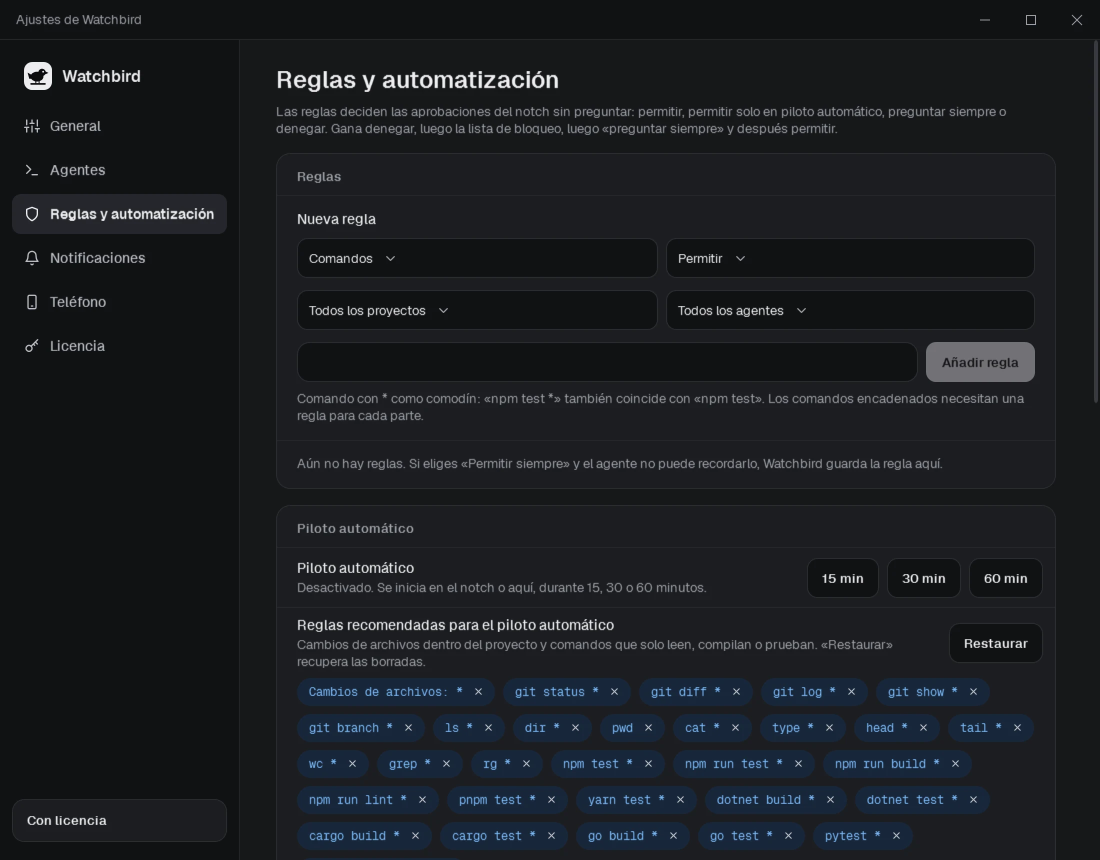 Ajustes → Reglas y automatización: una regla nueva para comandos, el piloto automático de 15, 30 o 60 minutos y las reglas recomendadas para el piloto automático.
