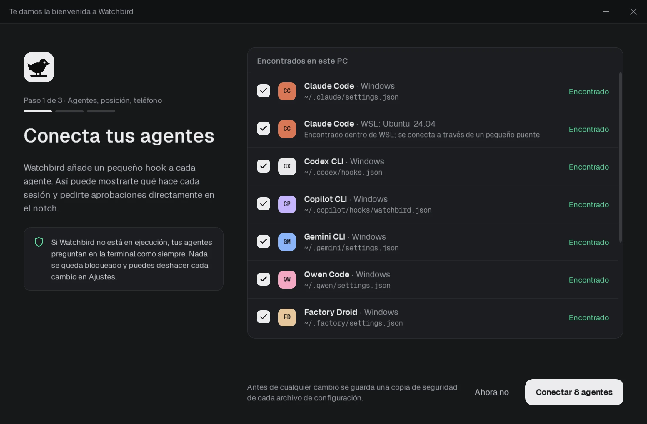La ventana de configuración con los agentes encontrados en este PC y sus archivos de configuración.