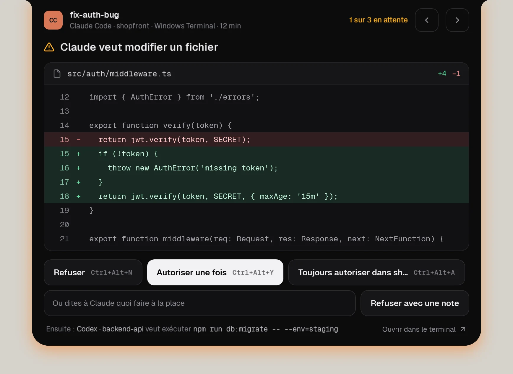 Une carte d’approbation avec le diff de src/auth/middleware.ts et les boutons Refuser, Autoriser une fois et Toujours autoriser dans shopfront.