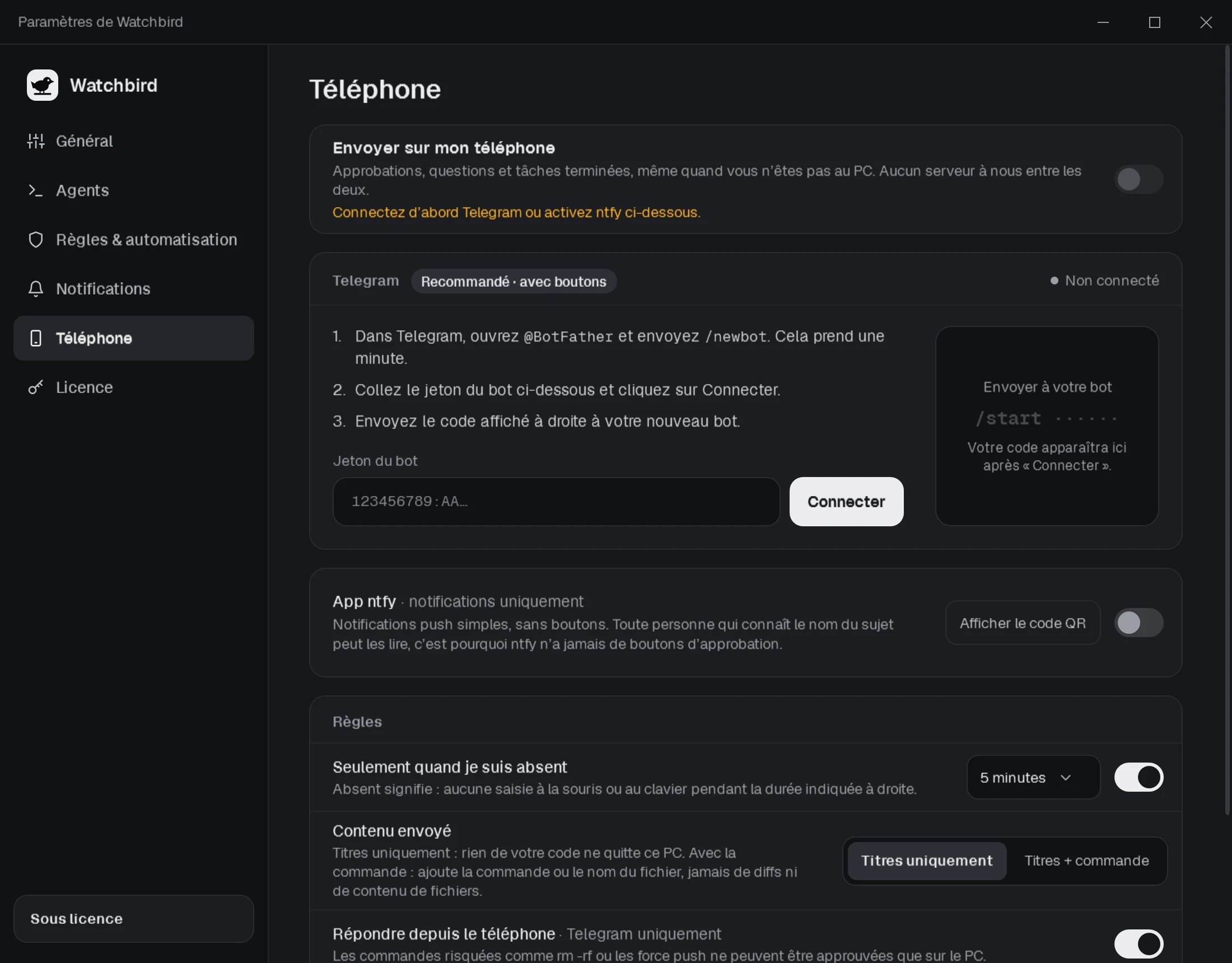 Paramètres → Téléphone : Telegram connecté à votre bot, ntfy avec sujet et code QR, et ce qui est envoyé.
