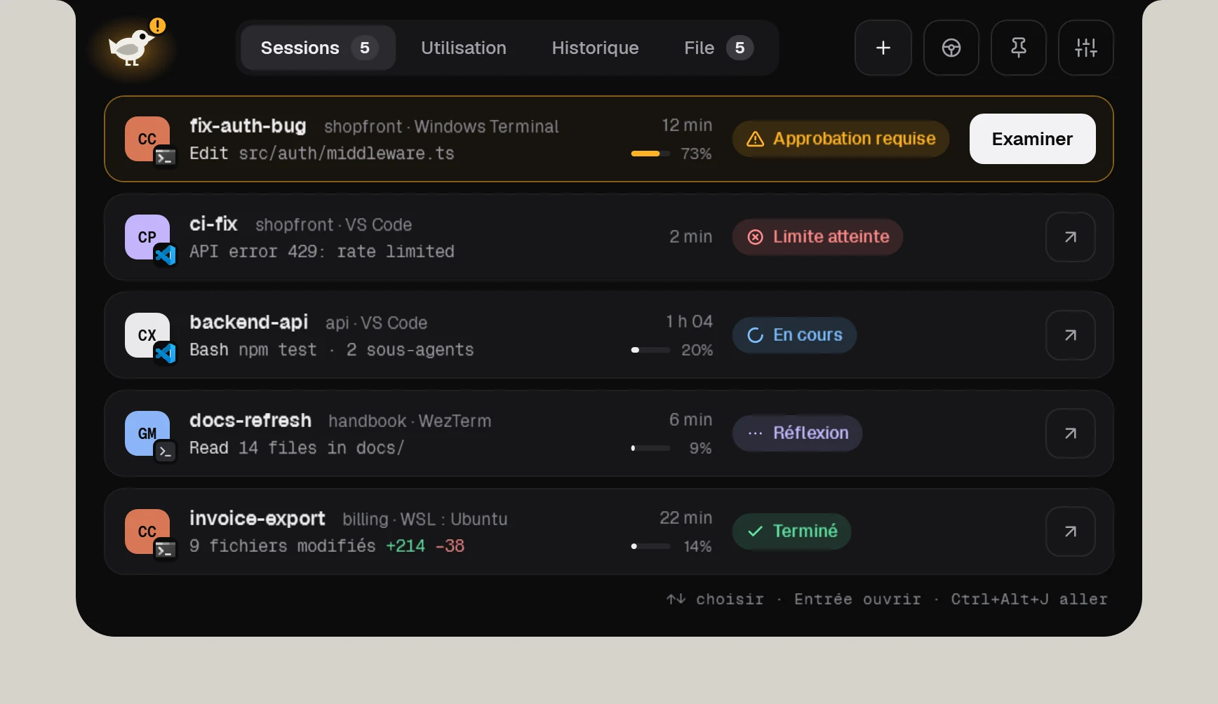 Le notch Watchbird ouvert avec cinq sessions d’agents : une en attente d’approbation, une en erreur, deux en cours, une terminée.