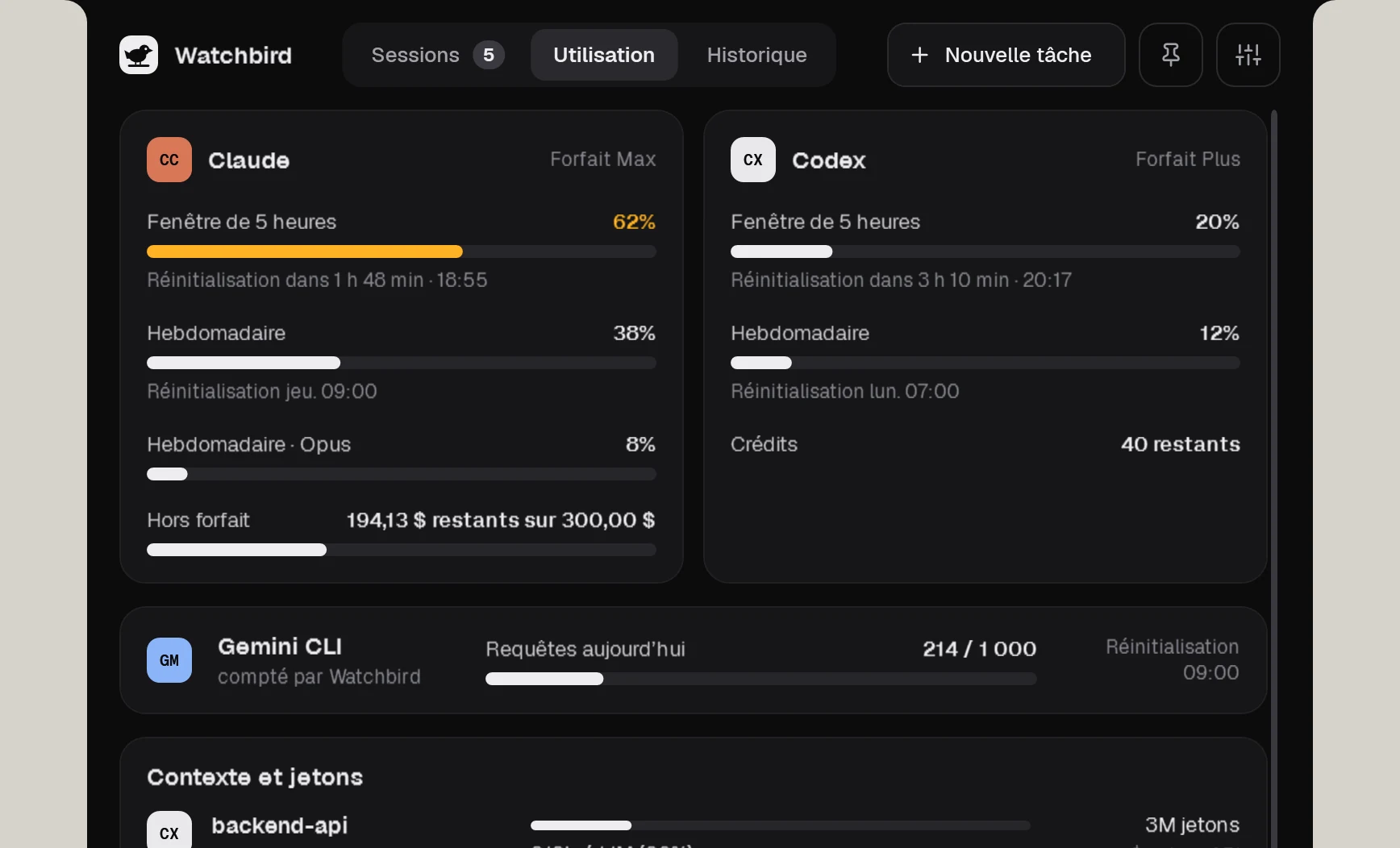 L’onglet Utilisation : limites du forfait Claude et Codex, requêtes Gemini CLI et contexte par session.